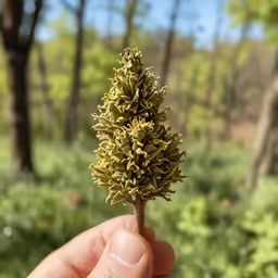 a hand holding an odd little tree in the woods