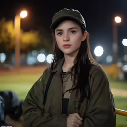 a woman standing with her arms crossed in front of streetlights