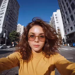 a girl with brown glasses and curly hair