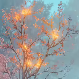 a yellow tree that has some lights on its branches