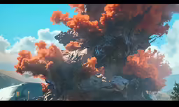 a massive structure is in the foreground with orange and red smoke coming out