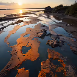 the sun sets over the beach at low tide