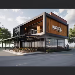 the exterior of a retail building with a glass walled parking lot