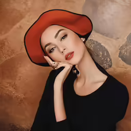 a woman is posing for a picture with her hand on her chin