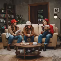 two girls in red hats sitting on a couch