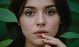 a woman is holding her hand near her face