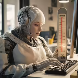 a woman in head coverings and ear muffs looking at a thermometer