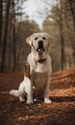 a dog sitting in the middle of a forest