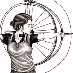 an asian woman holding a bow and arrow on her head with the wheel behind her,an illustration of a woman holding a bicycle with her hands and steering wheel in front of her