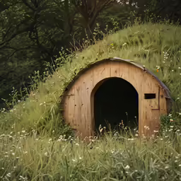 a hobboo style wood outhouse in grassy area