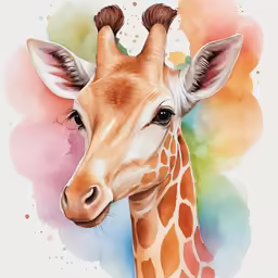 a giraffes head in a watercolor splash