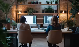 two people sitting in office chairs facing one another and using computer monitors