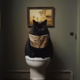 a fat black cat has been dressed in paper bags