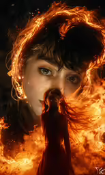 woman holding fire behind her head in flames