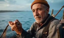an old man is sitting on the rocks by the water