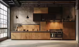 a kitchen that has wooden walls and cupboards