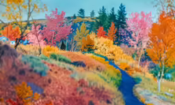 a painting of a colorful landscape with autumn trees and blue sky