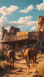 a couple of animals are walking down the dirt road
