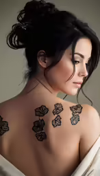 a woman with tattoos on her back with white silk