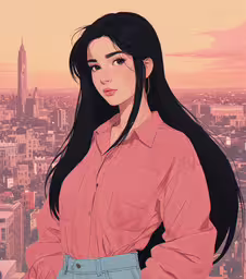 an anime girl wearing a pink shirt is standing near the city,an anime girl stands in front of a city skyline