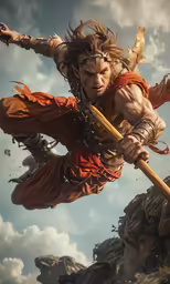an ancient man with long hair is swinging a stick
