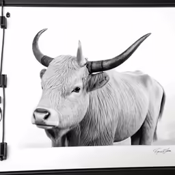 a white bull with big long horns in a frame