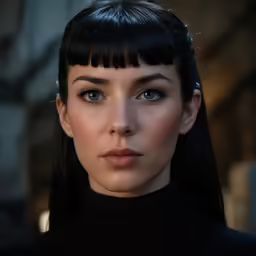 woman with dark hair and bangs wearing a black sweater