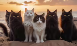 a group of cats sitting on top of a beach next to the ocean