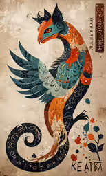 an ornately decorated bird sitting on top of a wooden bench