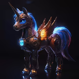 a shiny metal statue that looks like an unicorn