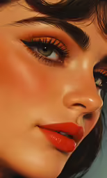 a woman with red lipstick and long lashes