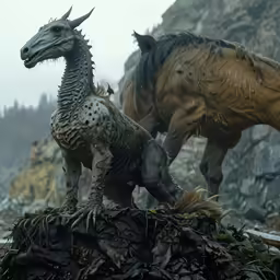 two animals are standing on rocks in the rain