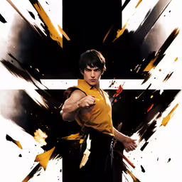 a person with a gun is in front of an abstract background
