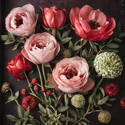 flowers on black background with green leaves and flowers