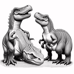 two dinosaurs that are facing each other with one facing another,two dinosaurs with one big and the other small