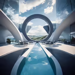 an artistically designed swimming pool sits in the middle of a building