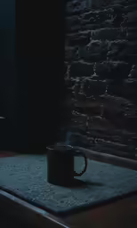 a cup sits on a green rug next to a lit candle
