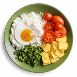 eggs and tomatoes with potato chips on green plate