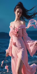 a woman is walking on the beach in a pink dress