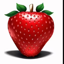 the image is a red strawberry with green leaves