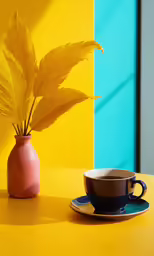 a cup, saucer and an orange flower on a yellow table