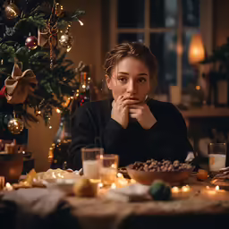 woman sitting at table with plate of cookies in front of christmas tree