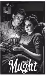 a poster featuring a man and woman, with the words mught