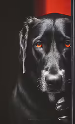 a close up of a dog with red eyes