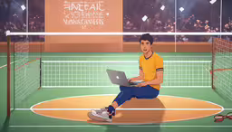 a person sitting on a tennis court on top of a laptop,a man sits on the edge of a tennis court using a laptop