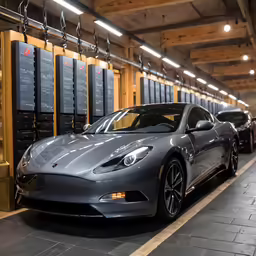 two shiny sports cars parked next to each other