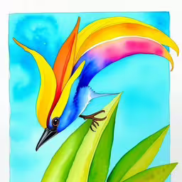 a painting of a bird on top of grass,there is a painting of a colorful bird on a plant