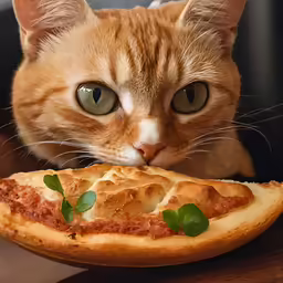 the cat is next to a piece of pizza