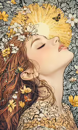 the image is of a woman with her head tilted to the side