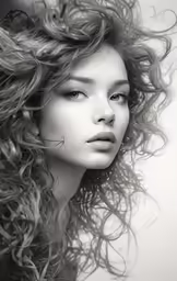 a black and white photo of a woman with long hair